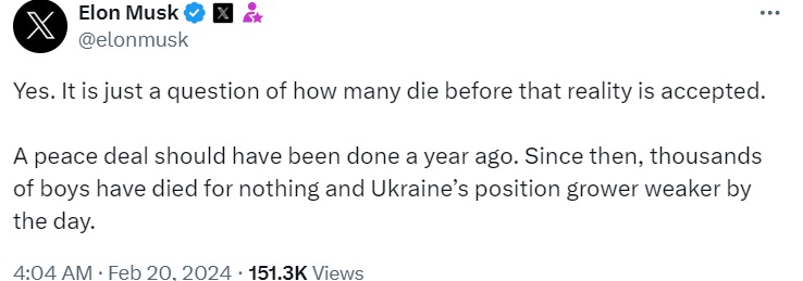 Ілон Маск зробив заяву про війну в Україні: “Питання лише в тому, скільки людей помре”