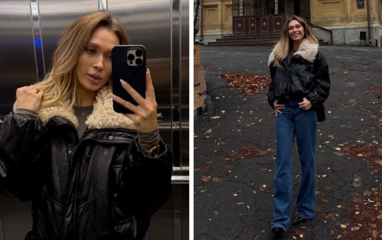 Олена Світлицька демонструє стильний вигляд з джинсами та шкіряною курткою, надихаючи на модні тренди 2025