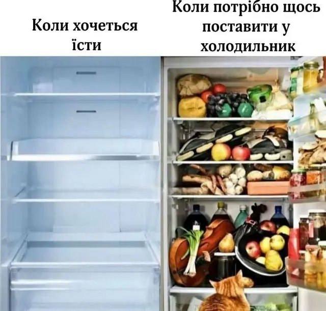 Мем-сравнение пустого и переполненного холодильника в зависимости от ситуации