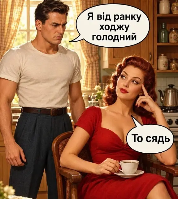 Іроничний мем з чоловіком і жінкою про голод і пропозицію сісти