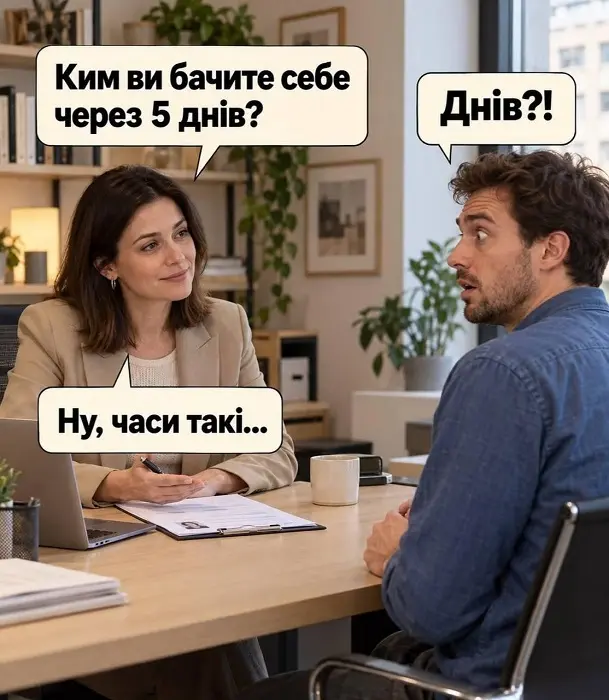 Мужчина и женщина сидят за столом в офисе и ведут собеседование