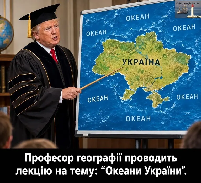 Дональд Трамп в профессорской мантии у карты Украины показывает указкой на океан